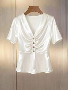SHEIN Women's Elegant Summer Office Off-White Satin Blouse,Commuter Fitted Short Sleeve Shirt,Front Button V-Neck Pique Fabric Tops For Business Casual - White - View 6