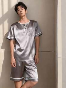 2pcs Casual Comfortable Soft Solid Color Polo Collar Short Sleeve Top And Shorts Pajama Set For Teenage Boys - Dark Grey - View 3