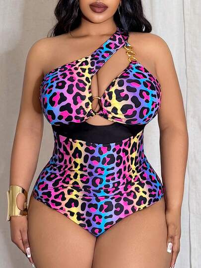 Slaydiva Plusstorlek Dambaddräkt i färgglatt leopardmönster med julkänsla och urholkning