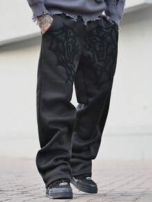 Devon Thys 男士街头风流行 INS 配色蜘蛛网和心形刺绣运动裤，宽松版型，粉色，送给男朋友/丈夫、周年纪念的理想礼物 - 黑色 - 查看 5