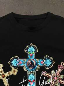 Manfinity EMRG Men's Vintage Faux Jewelry Cross Print T-Shirt, Retro Casual Street Style Tee - Black - View 4