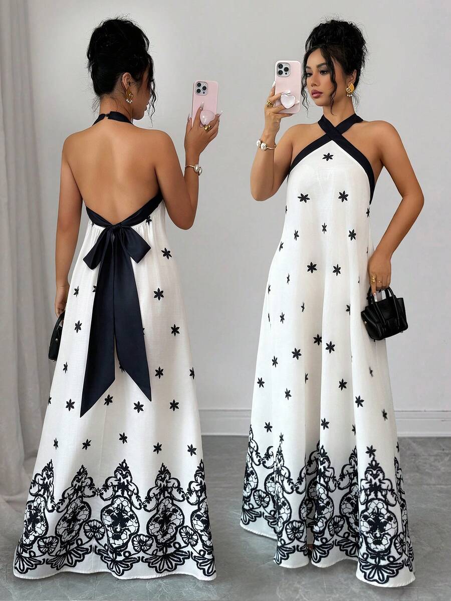 SHEIN Elenzya Vestido de vacaciones de diseño elegante y sexy con cuello halter, cintura fruncida y estampado de color contrastante, para primavera/verano - Blanco y Negro - Ver 1