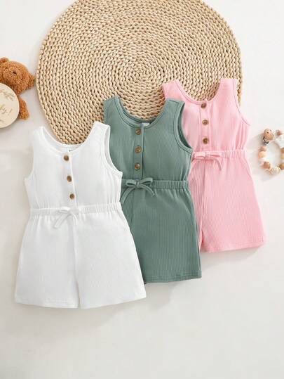 3pcs/Set Baby Girl Casual Solid Color Knit Camisole & Shorts Set