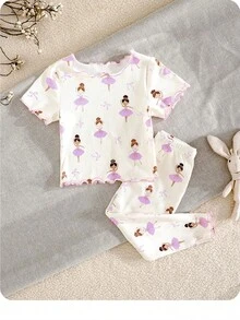 Dozemod Kids Baby Girl Cartoon Pattern Ruffle Trim Round Neck Short Sleeve Top And Pants Soft Comfy Pajama Set, 2pcs - Purple - View 1