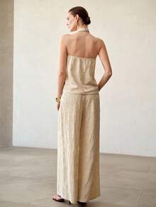 MOTF PREMIUM FASHION FLORAL TEXTURED KNIT METAL DETAIL HALTER TOP & WIDE LEG PANTS SET - Apricot - View 3