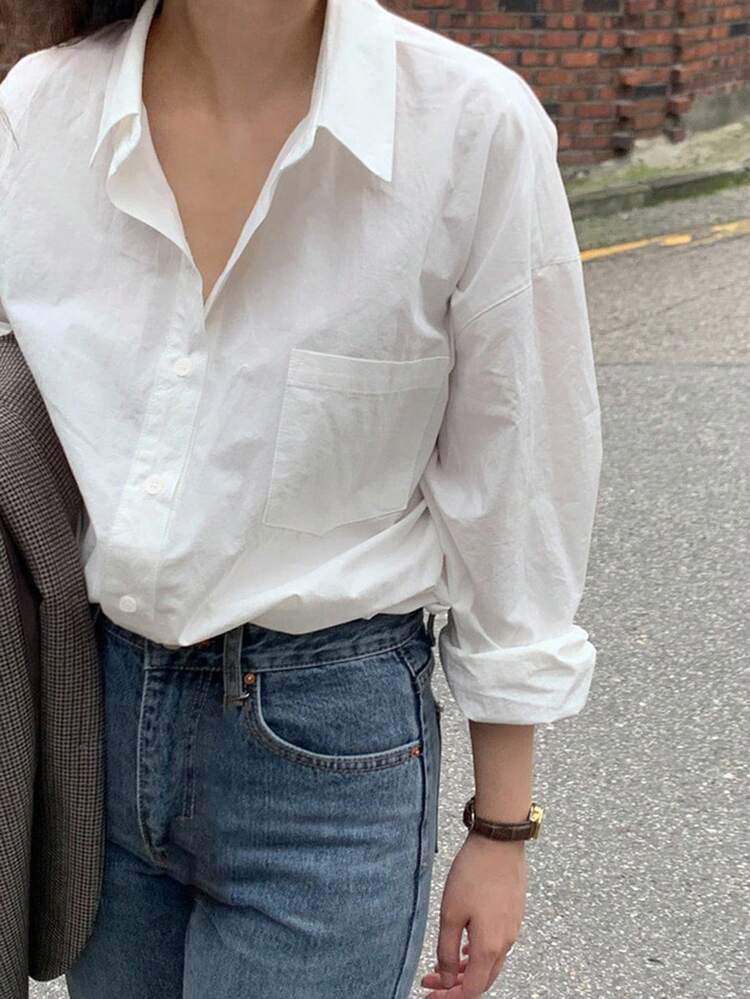 Women's Loose Fit Lapel Collar Pocket Decor Pure Cotton Casual Long Sleeve Shirt
