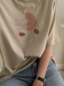 DAZY Loose Fit Round Neck Printed Short Sleeve T-Shirt For Women, Summer Graphic Tees Women - Khaki - View 2