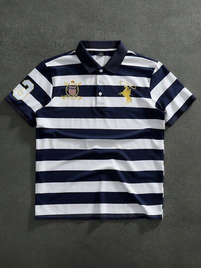 Manfinity Homme 남성용 하프 플래킷 래글런 반팔 캐주얼 스트라이프 폴로 셔츠, 여름 폴로 남성 대학 스타일 폴로 남성 골프 셔츠 럭비 셔츠 폴로에 다용도