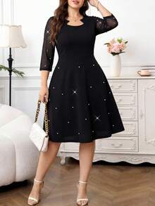 SHEIN Clasi 大码纯色水钻装饰修身优雅连衣裙 - 黑色 - 查看 6