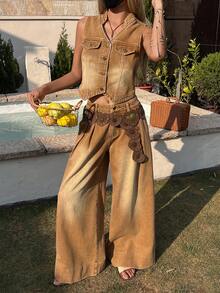 DAZY Conjunto casual de dos piezas con chaleco sin mangas de cuello en V y pantalones vaqueros rectos y sueltos para mujer - Marrón - Ver 8