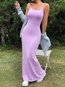 SHEIN EZwear Women's Basic Purple Spaghetti Strap Dress, Suitable For Summer Afternoon Tea Party,Summer Dresses For Women - Purple - View 4