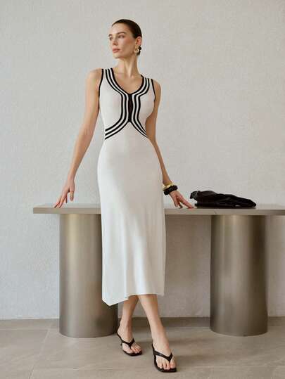 MOTF PREMIUM 修身针织长款连衣裙，黑白撞色拼接，腰部镂空设计