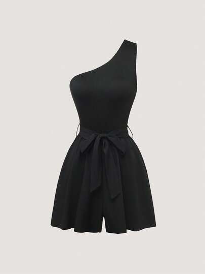 Olithes Mono negro liso y casual para mujer, sin mangas, corto, con cuello asimétrico y cinturón ajustable, mono curvo, mono negro, mono negro de un solo hombro para mujer