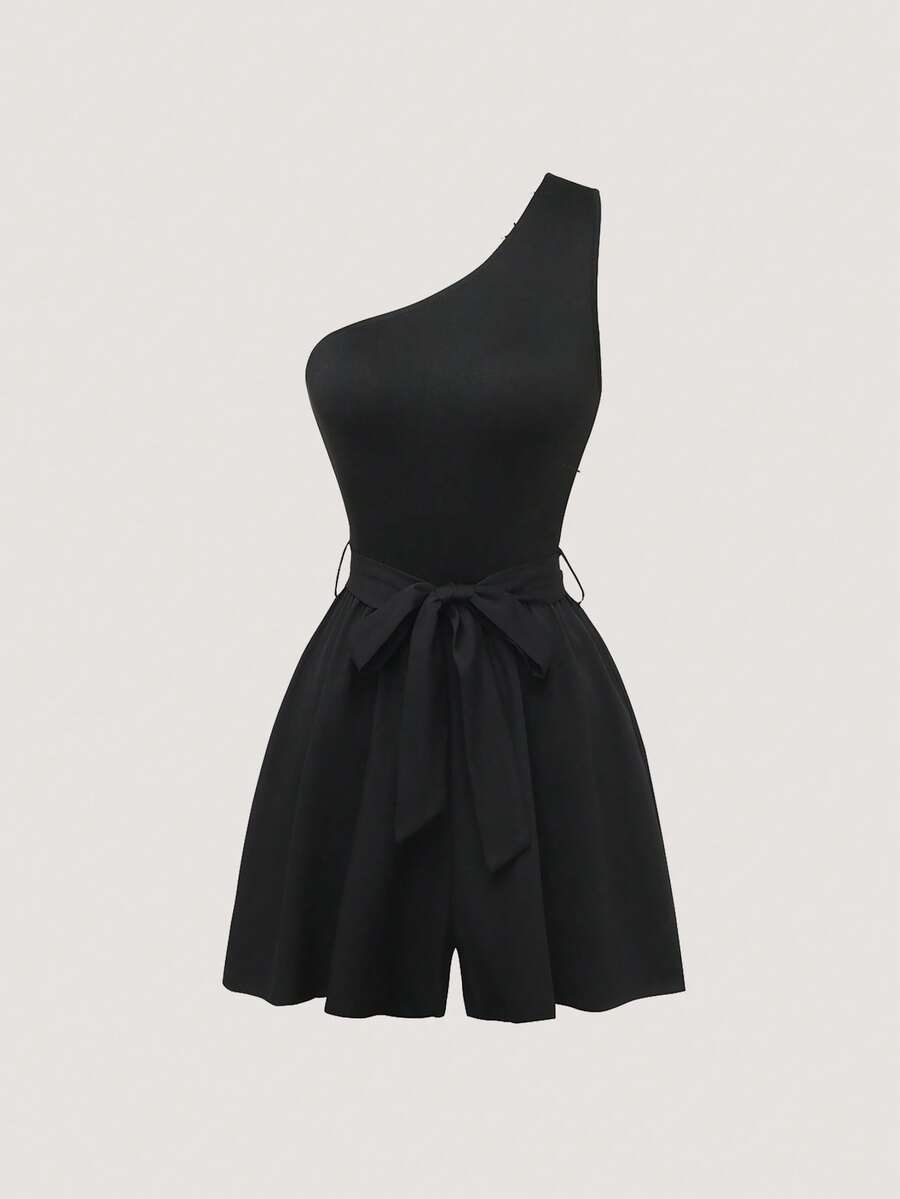 Olithes 女士纯黑色休闲连体裤，无袖短款，不对称领口，可调节腰带，曲线修身连体裤，黑色连体裤，女士黑色单肩连体裤 - 黑色 - 查看 1