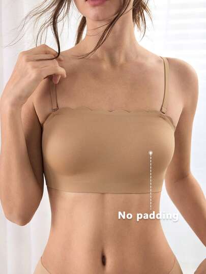  1 pieza Sujetador sin aros, sin relleno, de unicolor, cómodo y sin cables, con escote cuadrado y borde de pétalo, con tirantes antideslizantes desmontables para mujer de la marca Ocili