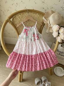 SHEIN Young Girls Pink Ditsy Floral Dress, Girls White Summer Party Ditsy Floral Contrast Color Polka Dot Spaghetti Strap Sleeveless Tiered Flowy Sundress - Pink - View 3