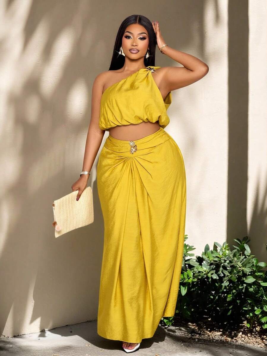 SOLERSUN Plus Size Sexy And Elegant Polka Dot Two Pieces Set, Off-Shoulder Top, Long Skirt, Faux Linen Casual Yellow Suit, Perfect For Commuting And Vacation, Spring/Summer Women's Wear,Quiet Luxury Vacation - Mustard Yellow - View 1