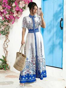 Elenzga 女士优雅休闲对称龙凤印花蓝色收腰连衣裙，适合秋冬季派对、新年、圣诞节、情人节、万圣节等休闲场合穿着 - 藍色 - 查看 1