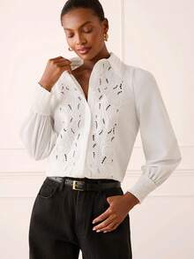 Lilora Stylish White Women Blouse With Unique Embroidered And Eyelet Design Long Sleeve Button Down Shirt For Office And Everyday Wear, Women's Shirts For Summer, Women Casual Outfits - White - View 9