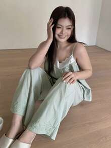 Dazy Plus 2pcs Cute Contrast Lace Loose Camisole & Long Pants Pajama Set, Spring/Summer - Mint Green - View 8