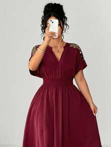 Elenzga Plus Size Women's Elegant Burgundy Summer Midi Dress,V-Neck Short Sleeve Heart Mesh,Waist Cinched A-Line Chiffon Casual Dress For Party,Wedding,Work - Red - View 4