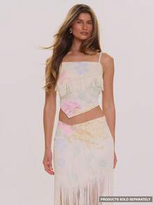 MUSERA Floral Print Satin Fringed Cami Top Spring Summer Elegant Wedding Guest Vacation Holiday Occasion Honeymoon Cafe - Light Yellow - View 1