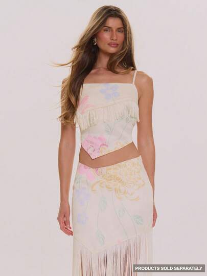 MUSERA Floral Print Satin Fringed Cami Top Spring Summer Elegant Wedding Guest Vacation Holiday Occasion Honeymoon Cafe