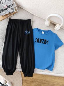 SHEIN 2-Piece Set Of Young Boys Casual Sport Casual Street Style English Pattern Fitted Round Neck Short Sleeve T-Shirt And Black Long Pants Set Suitable For Kids Outfits Toddler Boy Clothes Back To School Boys Set Suitable For Birthday Parties, Parties, Performances, Weddings, Baptisms, Back To School Daily Suitable For School Suitable For Travel Suitable For Sports Suitable For Spring And Summer - Blue - View 7