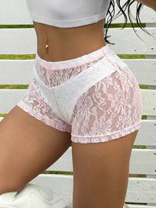 SHEIN EZwear 女士蕾丝拼接休闲百搭日常短裤 - 粉色 - 查看 6