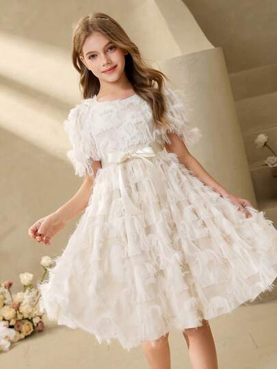 Elegant Flower Tween Girl Dress For Graduation, Wedding, Ball, Champagne Color Chiffon Cutout Floral Round Neck Puff Sleeve Waist Bow Flared Skirt, Mid-Sized Children Party Dress, Girls Back To School Fashion Tulle Princess Dress Cream Dresses For Girls Ivory Dress For Girls Young Girl White Elegant Dress Little Kids Elegant Dress