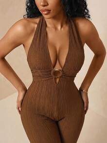 Eryvara Women's Round Ring Connected Halter Jumpsuit, Knitted Crinkle Fabric - Coffee Brown - View 8