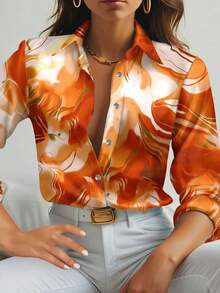 SHEIN Clasi 女式长袖纽扣休闲衬衫，全身印有金色时光图案，长袖上衣 - 橘色 - 查看 3