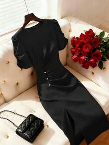 SHEIN Franclia 女士优雅纯色花瓣袖连衣裙，夏季 - 黑色 - 查看 1