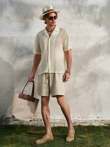 Airaco Men's Mesh Woven Striped Vacation Short Sleeve Shacket - Multicolor - View 3