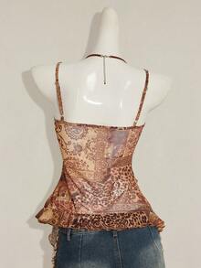 SHEIN ICON 女士复古佩斯利印花拼接不对称下摆可爱性感上衣，秋冬款 - 卡其色 - 查看 2