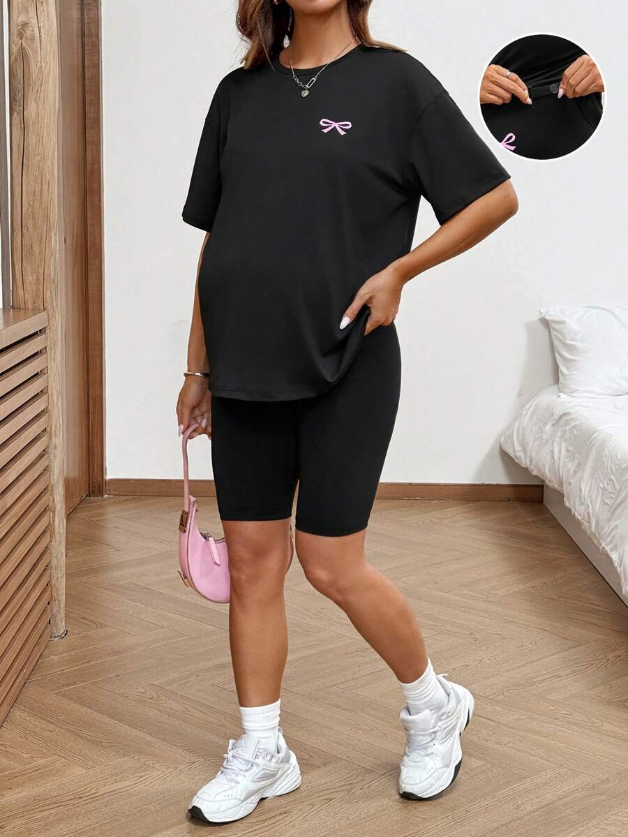 SHEIN Maternity Casual Bow Print T-Shirt And Shorts 2 Pieces Set, Summer - Black - View 1