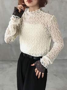 FRIFUL Áo nữ tay dài cổ tròn phối màu tương phản, chất liệu ren xuyên thấu, kiểu dáng thường ngày, đa năng, thích hợp cho mùa thu/đông. - Màu be - Xem 5