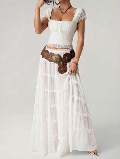 SHEIN ICON 女士度假风雪纺薄纱半身裙，超大喇叭裙摆