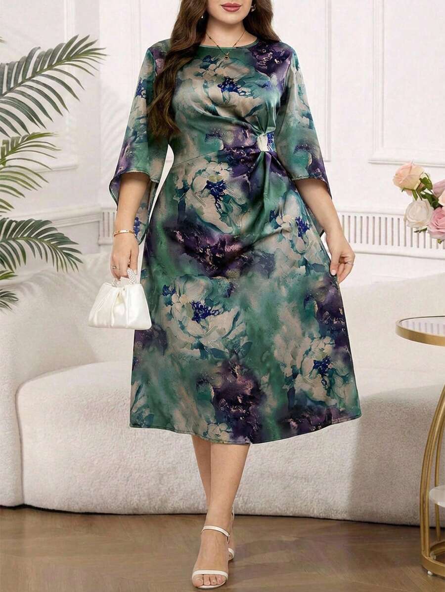 Reflora 大码女式印花圆领喇叭袖优雅连衣裙 - 綠色 - 查看 1