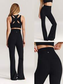 GLOWMODE 33英寸 FeatherFit™ Groovy Flare 高腰超长喇叭紧身裤，柔软弹力，吸汗透气，适合低强度瑜伽、普拉提、日常运动穿着 - 黑色 - 查看 8