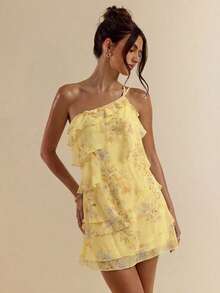 SHEIN BAE Yellow Floral Asymmetrical Shoulder Ruffle Layered Mini Dress, Spring/Summer - Yellow - View 5