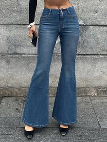 DAZY 女士高腰喇叭牛仔裤，性感休闲水洗修身喇叭牛仔裤 Y2k - 中等水洗藍 - 查看 6