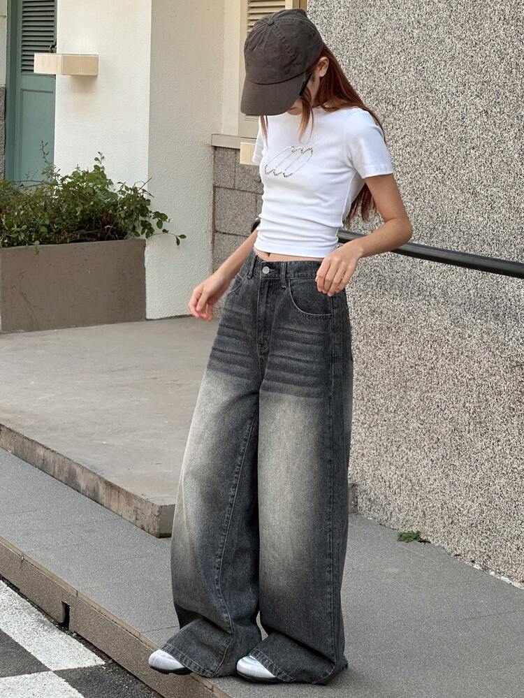 Teen Girl Rhinestone Letter Graphic Pocket Wide Leg Loose Casual Jeans