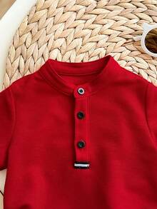 新生男宝宝可爱学院风针织红色短袖上衣和松紧腰短裤套装 - 紅色 - 查看 7