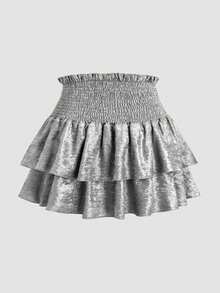 Olithes 女式纯色荷叶边腰部分层荷叶边下摆 A 字迷你裙，适合新年节日派对服装 - 銀色 - 查看 2