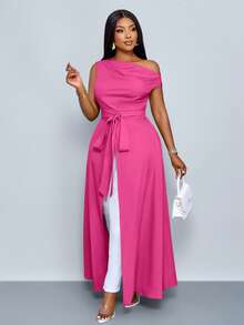 SOLERSUN Damen Große Größen Bluse mit asymmetrischem Ausschnitt, Schlitz-Oberschenkel, Bindeband Vorderseite, Einschulter Shirts - Rosenrot - Übersicht 4