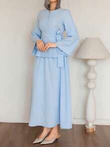 DAZY Women's Casual Solid Color Round Neck Belted Shirt And Skirt 2-Piece Set, Spring/Summer - Blue - View 5