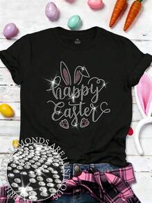 EMERY ROSE Plus Size Women's Easter Bling T-Shirt | Happy Easter Bunny Ears Rhinestone T-Shirt - Black - View 1