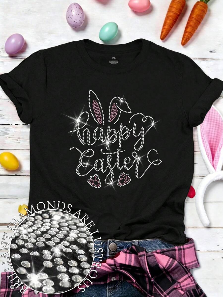 EMERY ROSE Plus Size Women's Easter Bling T-Shirt | Happy Easter Bunny Ears Rhinestone T-Shirt - Black - View 1
