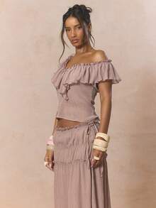 MUSERA Deep V Ruffled Neckline Hem Fitted Crinkled Sleeveless Top Coord Top Only Cute Spring Holiday Girly Sugar Salt - Dusty Purple - View 3